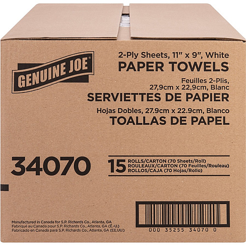 Genuine Joe 2-ply Paper Towel Rolls 2 Ply - 9" Width x 11" Length - 70 Sheets/Roll - White - Paper - 15 / Carton (GJO34070)