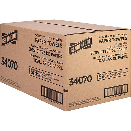 Genuine Joe 2-ply Paper Towel Rolls 2 Ply - 9" Width x 11" Length - 70 Sheets/Roll - White - Paper - 15 / Carton (GJO34070)