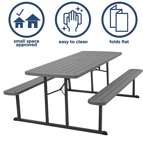 Cosco Folding Picnic Table Taupe Top - 800 lb Capacity - 72" Table Top Width x 57" Table Top Depth - 29" Height - Wood Grain, Resin Top Material - 1 Each (87902DGR1E)