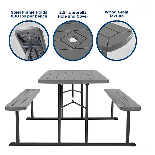 Cosco Folding Picnic Table Taupe Top - 800 lb Capacity - 72" Table Top Width x 57" Table Top Depth - 29" Height - Wood Grain, Resin Top Material - 1 Each (87902DGR1E)