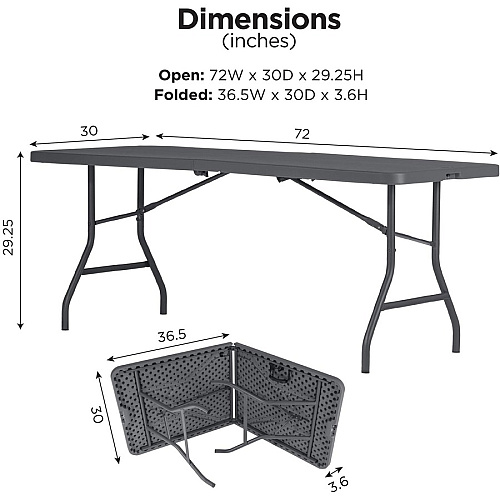 Dorel Zown Commercial Fold-in-Half Blow Mold Table For - Table TopRectangle Top - Four Leg Base - 4 Legs - 650 lb Capacity x 72" Table Top Width x 30" Table Top Depth - 29.25" Height - Gray - High-density Polyethylene (HDPE), Resin - 1 Each (60559SGY1E)