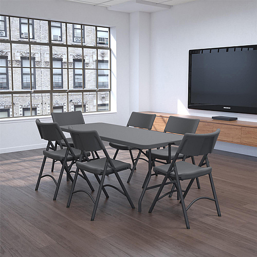 Dorel Zown Commercial Fold-in-Half Blow Mold Table For - Table TopRectangle Top - Four Leg Base - 4 Legs - 650 lb Capacity x 72" Table Top Width x 30" Table Top Depth - 29.25" Height - Gray - High-density Polyethylene (HDPE), Resin - 1 Each (60559SGY1E)