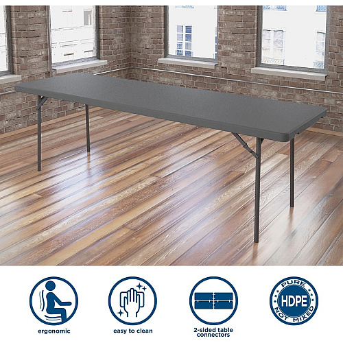 Dorel ZOWN 96" Commercial Blow Mold Folding Table 4 Legs - 1000 lb Capacity x 96" Table Top Width x 30" Table Top Depth - 29.30" Height - Gray - High-density Polyethylene (HDPE), Resin - 1 Each (60528SGY1E)
