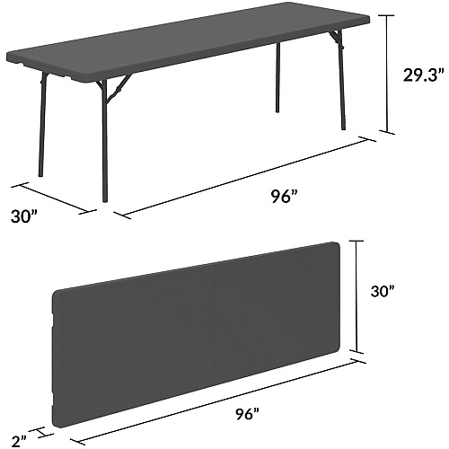 Dorel ZOWN 96" Commercial Blow Mold Folding Table 4 Legs - 1000 lb Capacity x 96" Table Top Width x 30" Table Top Depth - 29.30" Height - Gray - High-density Polyethylene (HDPE), Resin - 1 Each (60528SGY1E)