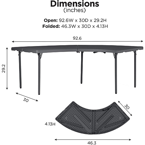 Dorel Zown Moon Commercial Blow Mold Folding Table 5 Legs - 600 lb Capacity - 30" Table Top Width x 92.60" Table Top Depth - 29.25" Height - Gray - High-density Polyethylene (HDPE) - 1 Each (60527SGY1E)