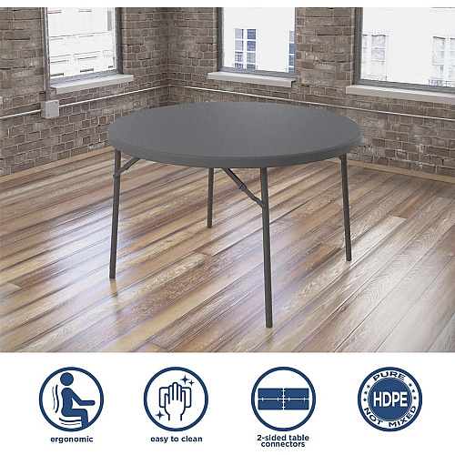 Dorel Zown Commercial Round Blow Mold Fold Table Round Top - 4 Legs - 750 lb Capacity - 48" Table Top Diameter - 29.30" Height - Gray - High-density Polyethylene (HDPE), Resin - 1 Each (60533SGY1E)