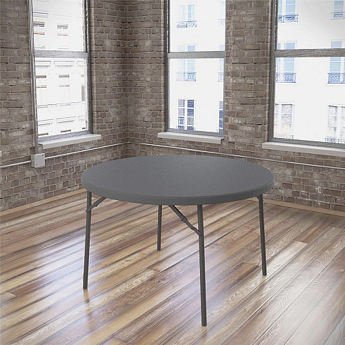Dorel Zown Commercial Round Blow Mold Fold Table Round Top - 4 Legs - 750 lb Capacity - 48" Table Top Diameter - 29.30" Height - Gray - High-density Polyethylene (HDPE), Resin - 1 Each (60533SGY1E)