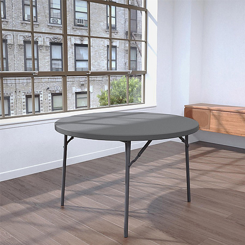 Dorel Zown Commercial Round Blow Mold Fold Table Round Top - 4 Legs - 750 lb Capacity - 48" Table Top Diameter - 29.30" Height - Gray - High-density Polyethylene (HDPE), Resin - 1 Each (60533SGY1E)