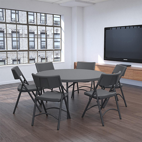 Dorel Zown Commercial Round Blow Mold Fold Table Round Top - 4 Legs - 750 lb Capacity - 60" Table Top Diameter - 29.20" Height - Gray - High-density Polyethylene (HDPE), Resin - 1 Each (60535SGY1E)