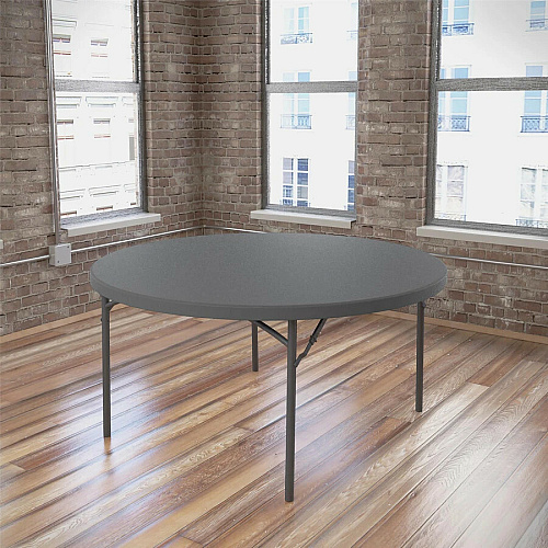 Dorel Zown Commercial Round Blow Mold Fold Table Round Top - 4 Legs - 750 lb Capacity - 60" Table Top Diameter - 29.20" Height - Gray - High-density Polyethylene (HDPE), Resin - 1 Each (60535SGY1E)