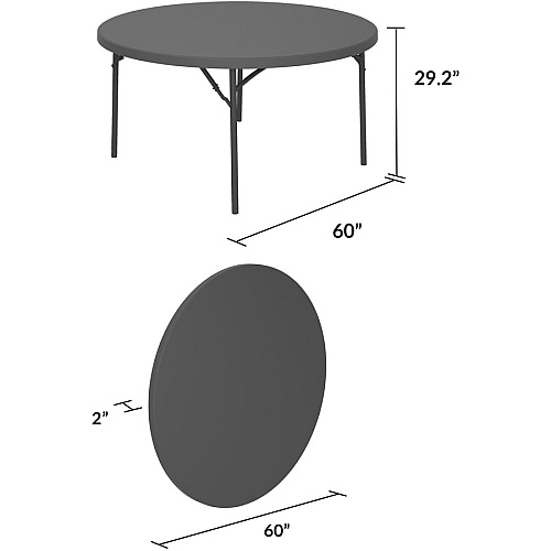 Dorel Zown Commercial Round Blow Mold Fold Table Round Top - 4 Legs - 750 lb Capacity - 60" Table Top Diameter - 29.20" Height - Gray - High-density Polyethylene (HDPE), Resin - 1 Each (60535SGY1E)