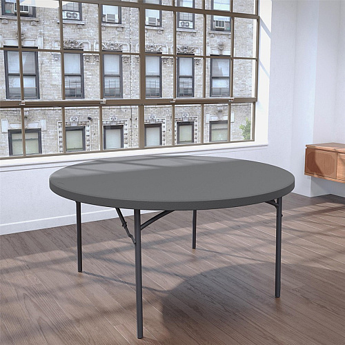Dorel Zown Commercial Round Blow Mold Fold Table Round Top - 4 Legs - 750 lb Capacity - 60" Table Top Diameter - 29.20" Height - Gray - High-density Polyethylene (HDPE), Resin - 1 Each (60535SGY1E)