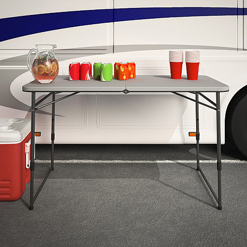 Cosco Fold Portable Indoor/Outdoor Utility Table 200 lb Capacity - Height Adjustable - 48" Table Top Width x 24" Table Top Depth - 28" Height - Gray - Steel, Resin - 1 Each (14400GRY1E)