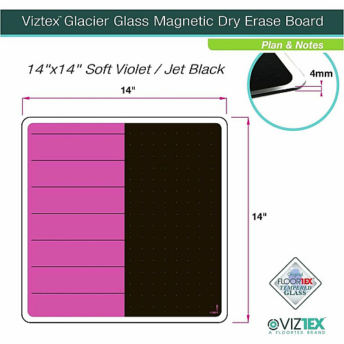 Floortex Viztex&reg; Glacier Violet & Black Plan & Grid Glass Dry-Erase Board - 14" x 14" 14" (1.2 ft) Width x 14" (1.2 ft) Height - Violet Tempered Glass Surface - Square - Magnetic - Magnetic, Smooth Writing, Ghost Resistant, Stain Resista (FCVGM1414VP)