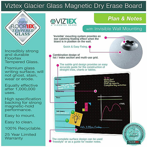 Floortex Viztex&reg; Glacier White & Black Plan & Grid Glass Dry-Erase Board - 14" x 14" 14" (1.2 ft) Width x 14" (1.2 ft) Height - White Tempered Glass Surface - Square - Magnetic - Magnetic, Smooth Writing, Ghost Resistant, Stain Resistant (FCVGM1414WP)
