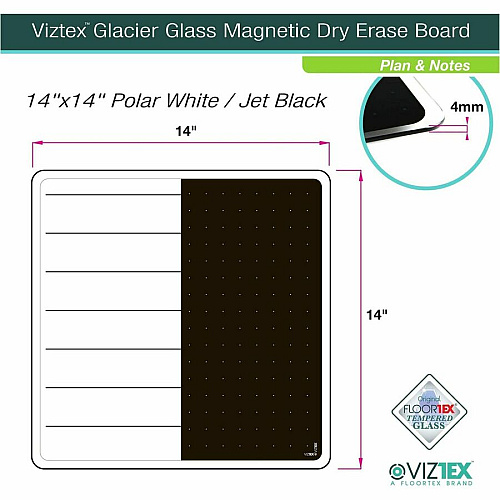 Floortex Viztex&reg; Glacier White & Black Plan & Grid Glass Dry-Erase Board - 14" x 14" 14" (1.2 ft) Width x 14" (1.2 ft) Height - White Tempered Glass Surface - Square - Magnetic - Magnetic, Smooth Writing, Ghost Resistant, Stain Resistant (FCVGM1414WP)