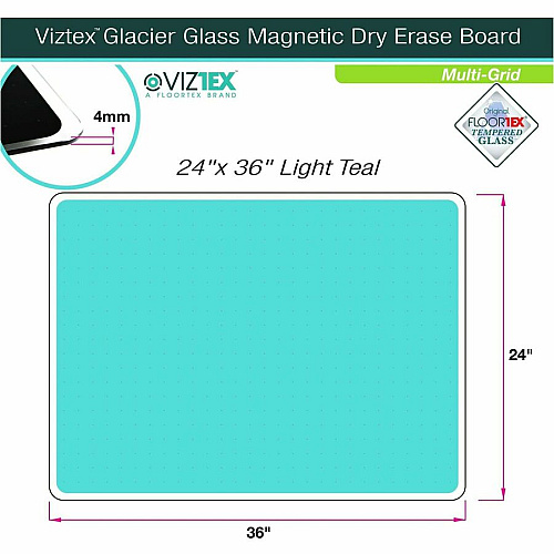 Floortex Viztex&reg; Glacier Teal Multi-Purpose Grid Glass Dry-Erase Board 24" x 36" 24" (2 ft) Width x 36" (3 ft) Height - Teal Tempered Glass Surface - Rectangle - Magnetic - Magnetic, Smooth Writing, Ghost Resistant, Stain Resistant, Easy (FCVGM2436TG)