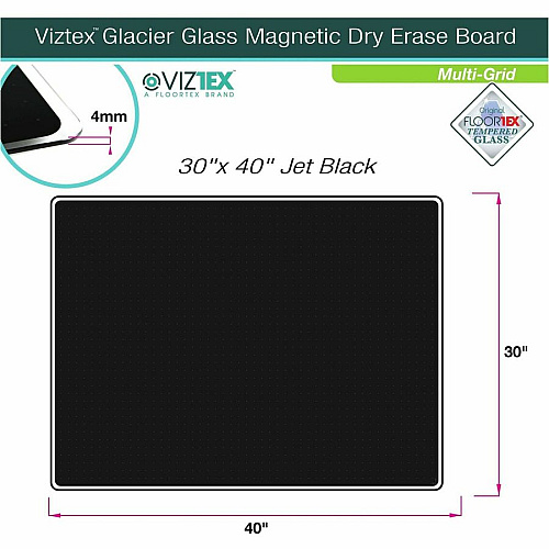 Floortex Viztex&reg; Glacier Black Multi-Purpose Grid Glass Dry-Erase Board 30" x 40" 30" (2.5 ft) Width x 40" (3.3 ft) Height - Black Tempered Glass Surface - Rectangle - Magnetic - Magnetic, Smooth Writing, Ghost Resistant, Stain Resistant (FCVGM3040BG)