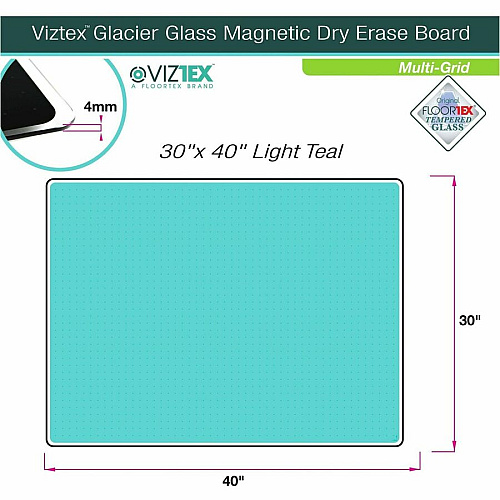 Floortex Viztex&reg; Glacier Teal Multi-Purpose Grid Glass Dry-Erase Board 30" x 40" 30" (2.5 ft) Width x 40" (3.3 ft) Height - Teal Tempered Glass Surface - Rectangle - Magnetic - Magnetic, Smooth Writing, Ghost Resistant, Stain Resistant,  (FCVGM3040TG)