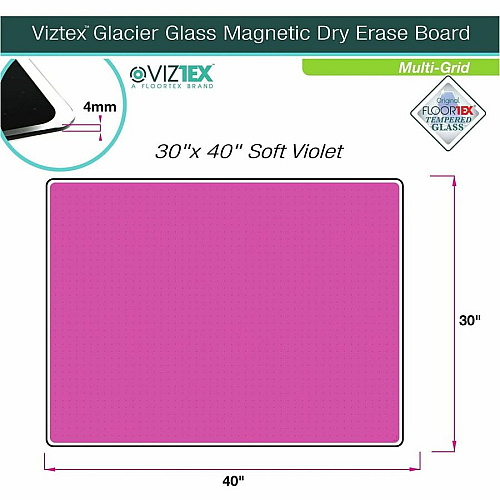 Floortex Viztex&reg; Glacier Violet Multi-Purpose Grid Glass Dry-Erase Board 30" x 40" 30" (2.5 ft) Width x 40" (3.3 ft) Height - Violet Tempered Glass Surface - Rectangle - Magnetic - Magnetic, Smooth Writing, Ghost Resistant, Stain Resista (FCVGM3040VG)