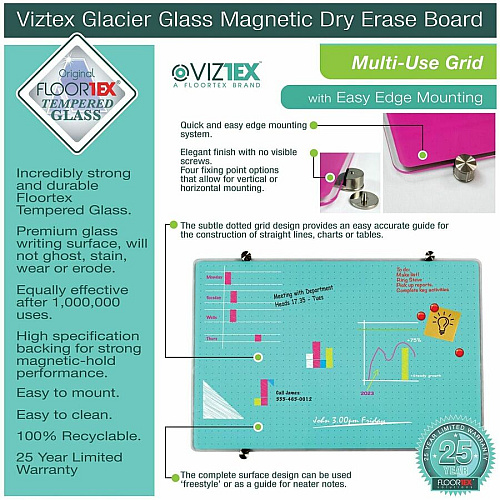 Floortex Viztex&reg; Glacier Violet Multi-Purpose Grid Glass Dry-Erase Board 30" x 40" 30" (2.5 ft) Width x 40" (3.3 ft) Height - Violet Tempered Glass Surface - Rectangle - Magnetic - Magnetic, Smooth Writing, Ghost Resistant, Stain Resista (FCVGM3040VG)