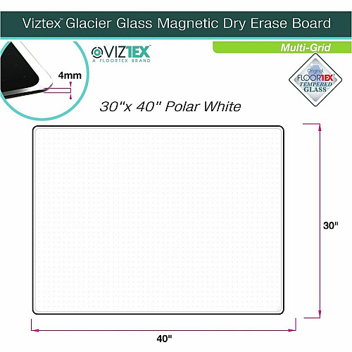 Floortex Viztex&reg; Glacier White Multi-Purpose Grid Glass Dry-Erase Board 30" x 40" 30" (2.5 ft) Width x 40" (3.3 ft) Height - White Tempered Glass Surface - Rectangle - Magnetic - Magnetic, Smooth Writing, Ghost Resistant, Stain Resistant (FCVGM3040WG)