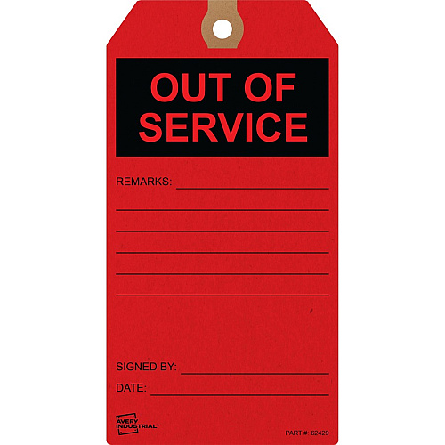 Avery&reg; Preprinted OUT OF SERVICE Red Service Tags 5.75" Length x 3" Width - Card Stock - Red - 25 / Pack (62429)
