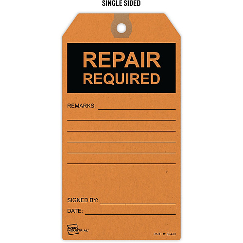 Avery&reg; Preprinted REPAIR REQUIRED Repair Tags 5.75" Length x 3" Width - Card Stock - Orange - 25 / Pack (62430)