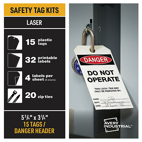 Avery&reg; UltraDuty Hazard Warning Tag Kit 3.25" Length x 5.75" Width - Plastic, Nylon, Vinyl - White - 15 / Pack (62404)