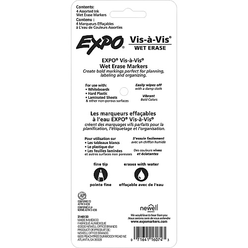 Expo Vis-à-Vis Wet-Erase Markers Fine Marker Point - Multi Ink - 4 / Pack (2134341)