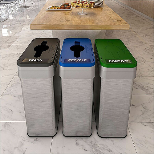 HLS Commercial 21-Gallon Trash/Recycle/Compost Can Set Push Button Opening - 21 gal Capacity - Rectangular - Fingerprint Proof, Smudge Resistant, Easy to Clean - 34" Height x 10.3" Width x 16" Depth - Stainless Steel - Silver - 1 Each (HLS21UOTTRIO)