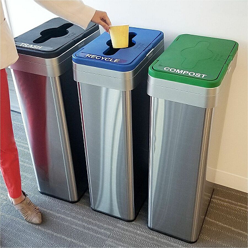 HLS Commercial 21-Gallon Trash/Recycle/Compost Can Set Push Button Opening - 21 gal Capacity - Rectangular - Fingerprint Proof, Smudge Resistant, Easy to Clean - 34" Height x 10.3" Width x 16" Depth - Stainless Steel - Silver - 1 Each (HLS21UOTTRIO)