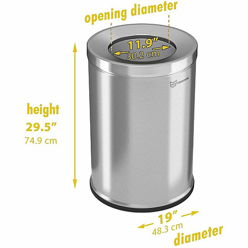 HLS Commercial 26-Gallon Round Open Top Trash Can 26 gal Capacity - Round - Handle, Smudge Resistant, Easy to Clean, Fingerprint Resistant - 28.7" Height x 18.9" Width x 12" Diameter - Brushed Stainless Steel, Galvanized Steel - Gray - 1 Each (HLSC05G26)