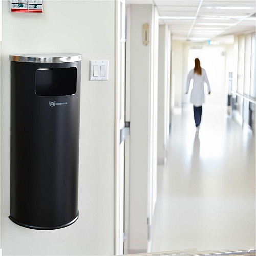 HLS Commercial 9-Gallon Half-Round Side-Entry Trash Can 9 gal Capacity - Half-round - Removable Lid, Handle, Wall Mountable, Fingerprint Resistant, Smudge Resistant, Reinforced - 35.4" Height x 7.9" Width - Powder Coated Steel, Galvanized Ste (HLSC01G09B)