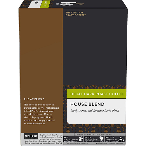 Peet's Coffee&reg; K-Cup House Blend Decaf Coffee Compatible with Keurig Brewer - Dark - K-Cup - House Blend - Decaffeinated - 22 / Box (2408)