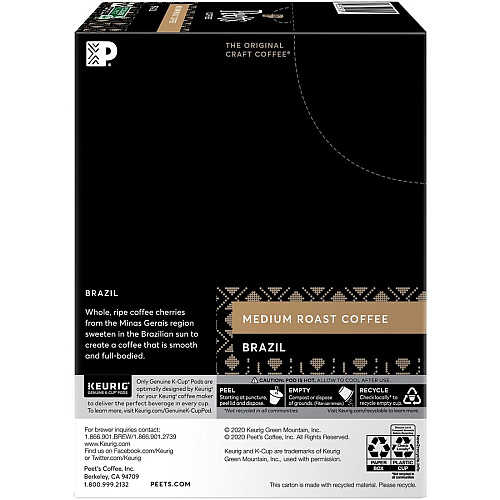 Peet's Coffee&reg; K-Cup Brazil Coffee Compatible with Keurig Brewer - Medium - K-Cup - Brazilian - 22 / Box (2409)