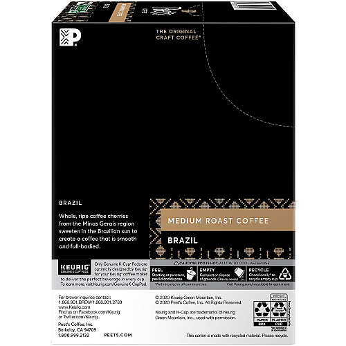 Peet's Coffee&reg; K-Cup Brazil Coffee Compatible with Keurig Brewer - Medium - K-Cup - Brazilian - 22 / Box (2409)