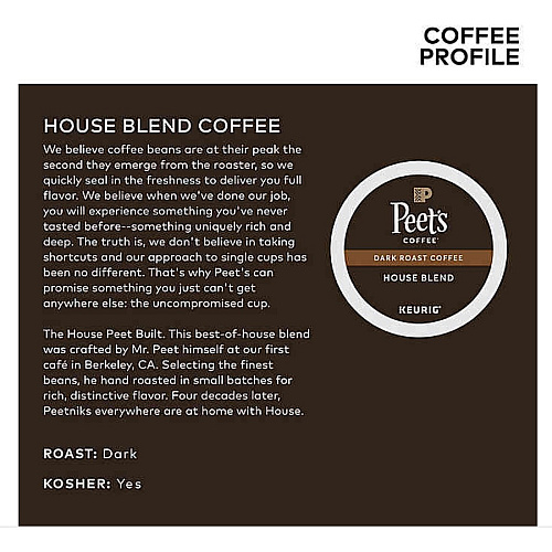Peet's Coffee&reg; K-Cup House Blend Coffee Compatible with Keurig Brewer - Dark - K-Cup - 22 / Box (2410)