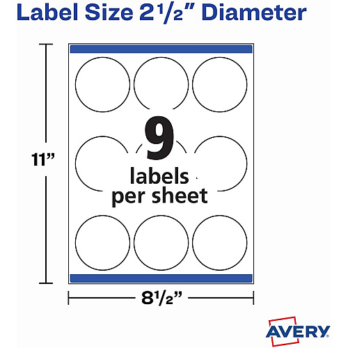 Avery&reg; Matte White Sure Feed Labels Waterproof - x 2 1/2" Diameter - Permanent Adhesive - Round - Inkjet, Laser - Matte White - Matte - Paper - 9 / Sheet - 9 Total Sheets - 225 Total Label(s) - 25 / Pack (22562)