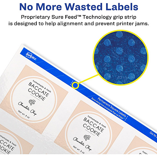 Avery&reg; Sure Feed Glossy White Square Labels Waterproof - 2" Width x 2" Length - Permanent Adhesive - Square - Inkjet, Laser - Glossy White - White - Paper - 12 / Sheet - 12 Total Sheets - 120 Total Label(s) - 10 / Pack (22565)