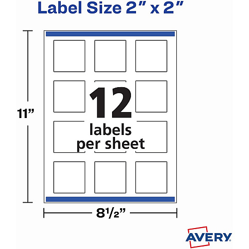 Avery&reg; Sure Feed Glossy White Square Labels Waterproof - 2" Width x 2" Length - Permanent Adhesive - Square - Inkjet, Laser - Glossy White - White - Paper - 12 / Sheet - 12 Total Sheets - 120 Total Label(s) - 10 / Pack (22565)