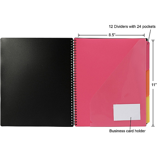 Business Source 1/3 Tab Cut Letter Organizer Folder 8 1/2" x 11" - Spiral Fastener - 24 Pocket(s) - Black - 1 Each (BSN18304)
