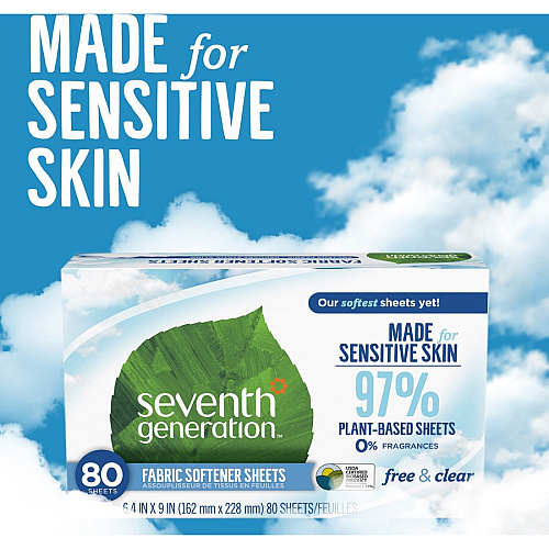 Seventh Generation Free & Clear Fabric Softener Sheets 9" Length x 6.40" Width - Bio-based, Hypoallergenic, Fragrance-free, Unscented, Dye-free, Gluten-free, Phosphate-free - White - 80 / Box (44930)