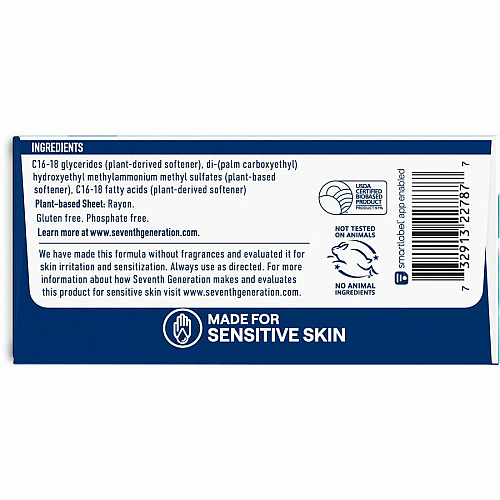 Seventh Generation Free & Clear Fabric Softener Sheets 9" Length x 6.40" Width - Bio-based, Hypoallergenic, Fragrance-free, Unscented, Dye-free, Gluten-free, Phosphate-free - White - 80 / Box (44930)