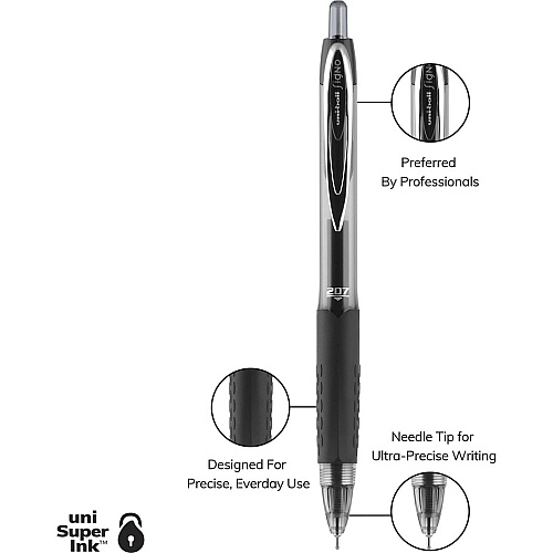 uni-ball uniball&trade; 207 Needle Gel Pens 0.7 mm Medium Needle Pen Point - Refillable - Retractable - Black Ink - Gel-based - Black Plastic Barrel - Tungsten Carbide, Stainless Steel Tip - 4 / Pack (1738430)
