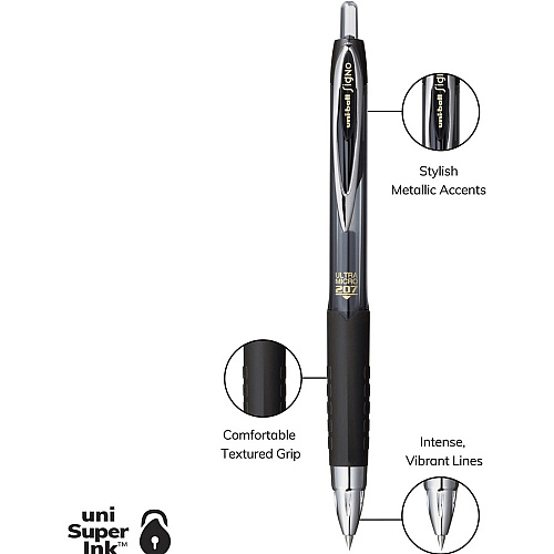 uni-ball uniball™ 207 Gel Pen Ultra Micro Conical Pen Point - Refillable - Retractable - Black Ink - Gel-based, Pigment-based - Plastic Barrel - Tungsten Carbide, Stainless Steel Tip - 4 / Pack (1790927)