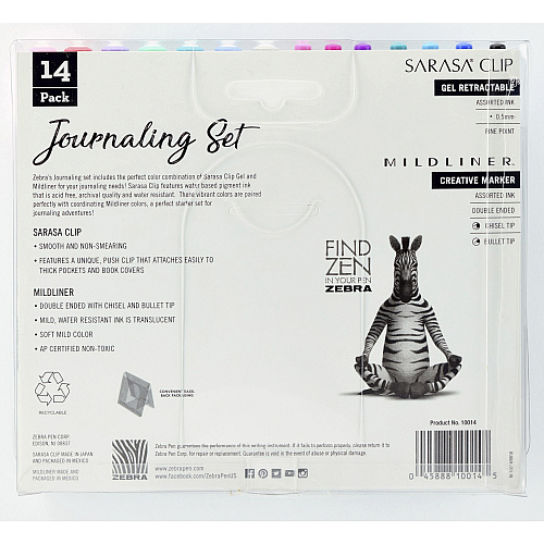 Zebra Journaling Set Mildliner & Sarasa Clip Gel Pen and Highlighter Set 0.5 mm, 1 mm Pen Point Size - Broad, Fine Marker Point - Bullet, Chisel Marker Point Style - Assorted Water Based Ink - Retractable - Double Ended, Push Button Mechanism, Poc (10014)