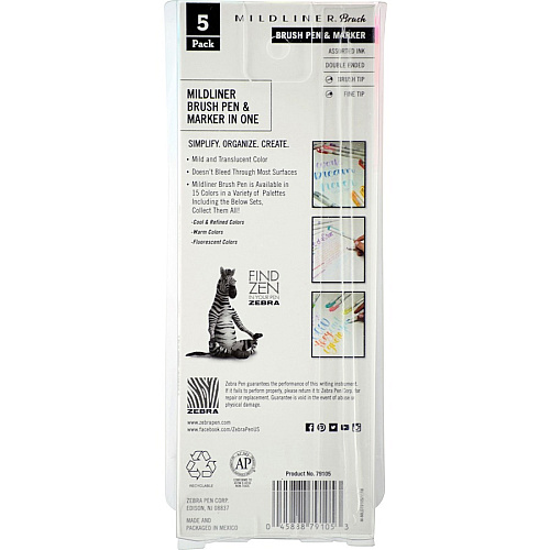 Zebra Pen Mildliner Brush Double-ended Creative Marker Fluorescent Pack Fine Marker Point - Brush Marker Point Style - Fluorescent Pink Pigment-based, Fluorescent Orange, Fluorescent Yellow, Fluorescent Blue, Fluorescent Green Ink - 5 / Pack (79105)