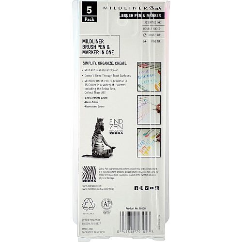 Zebra Pen Mildliner Brush Double-ended Creative Marker Fluorescent Pack Fine Marker Point - Brush Marker Point Style - Fluorescent Pink Pigment-based, Fluorescent Orange, Fluorescent Yellow, Fluorescent Blue, Fluorescent Green Ink - 5 / Pack (79105)