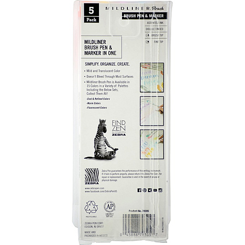 Zebra Pen Mildliner Brush Double-ended Creative Marker Warm Color Pack Fine Marker Point - Brush Marker Point Style - Gold Pigment-based, Magenta, Brown, Vermillion, Smoke Blue Ink - 5 / Pack (79305)
